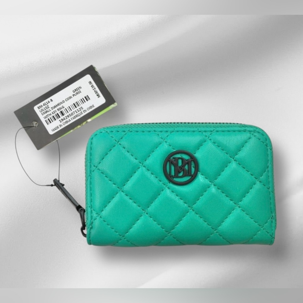 NWT Badgley Mischka Small Diamond Coin Purse With Key Ring Green BM-4114-B